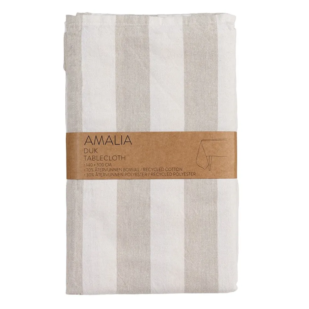 Amalia beige randig bordsduk i återvunnet material 140x300cm