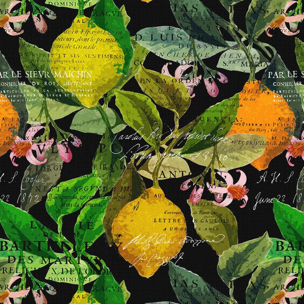 Citrus svart tyg – Elegans med färgstarka citrusdetaljer