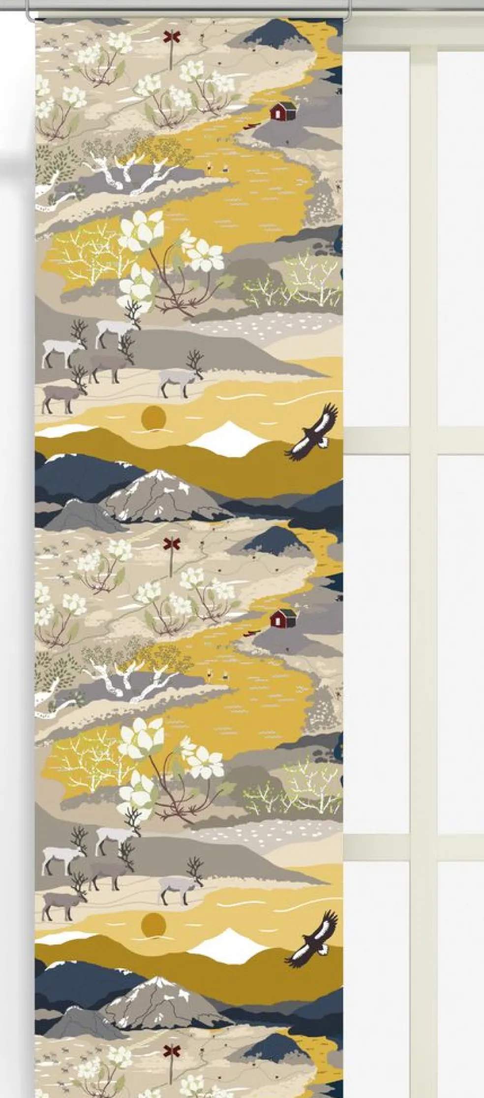 Fjällvandring gul-blå panelgardiner med fjällmotiv