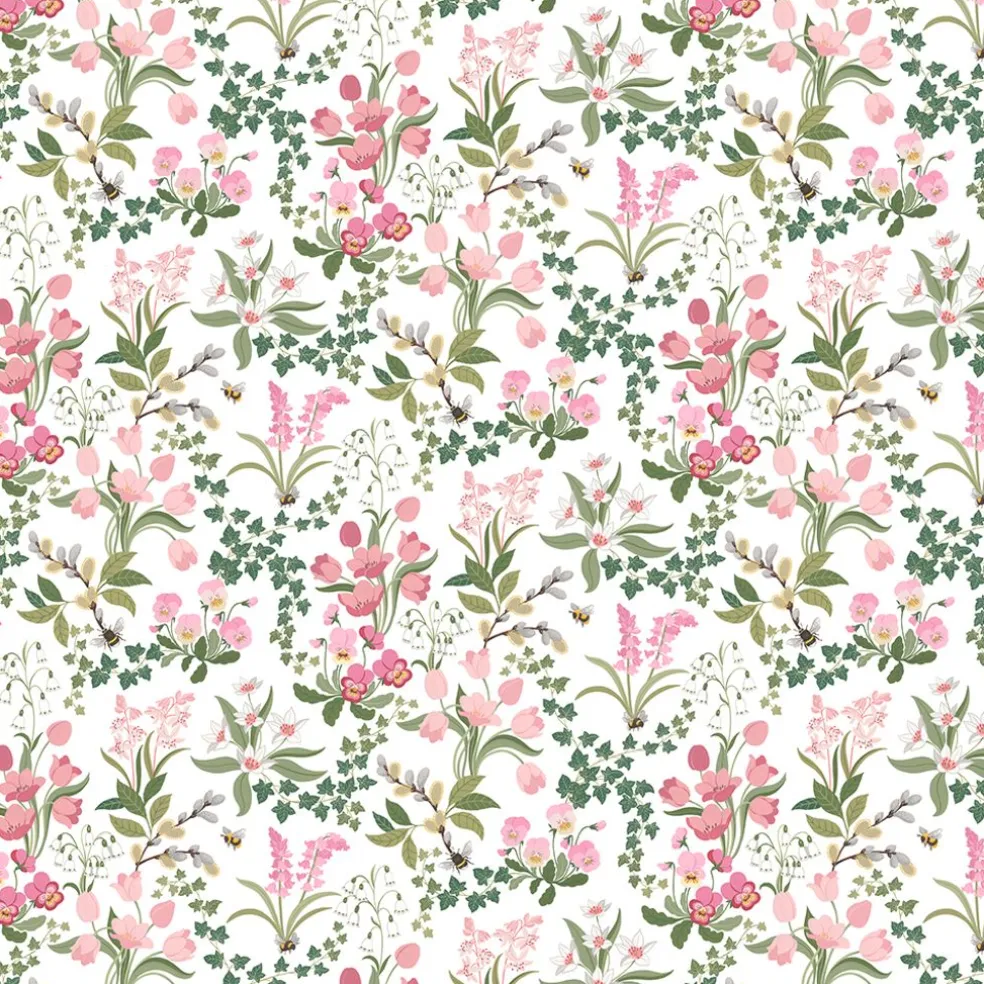 Humlegården rosa-grön tyg med charmigt blomstermotiv