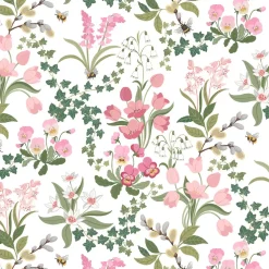 Humlegården rosa-grön tyg med charmigt blomstermotiv