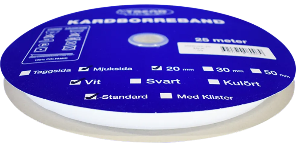 Kardborreband mjuk vit 20mm - 25m rulle