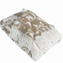 Leksand beige ullpläd 130x170 cm – dalahästar i 100% ull
