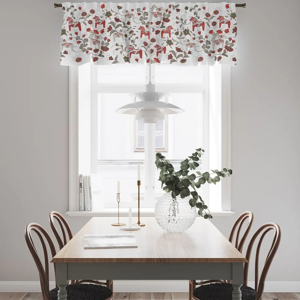 Leksand bård vit-röd gardinkappa metervara med traditionellt dalahästtryck