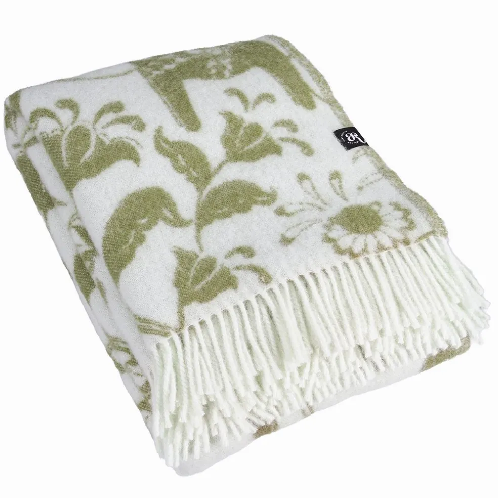Leksand grön ullpläd 130x170 cm – dalahästar i 100% ull