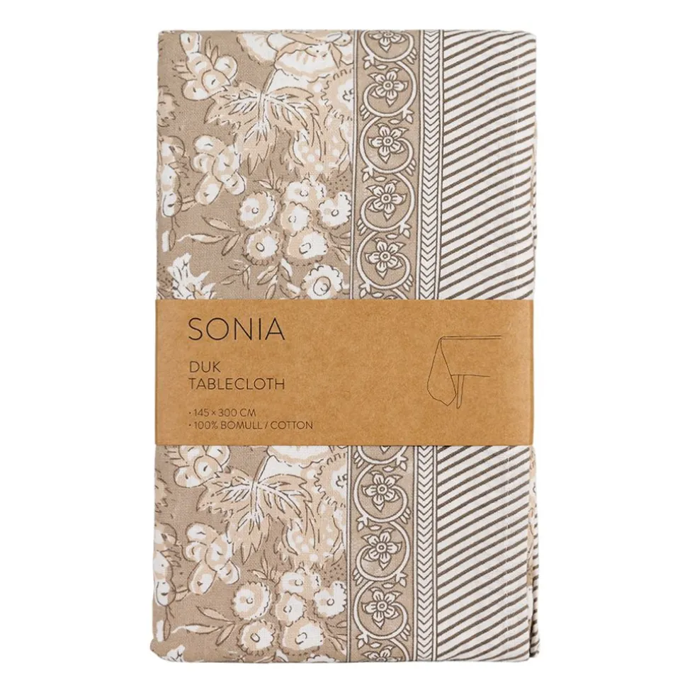 Sonia beige blommig bordsduk i bomull 145x300cm