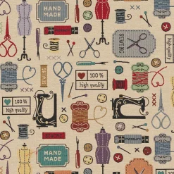 Vintage sewing atelier möbeltyg med vintage sybehör och symaskiner