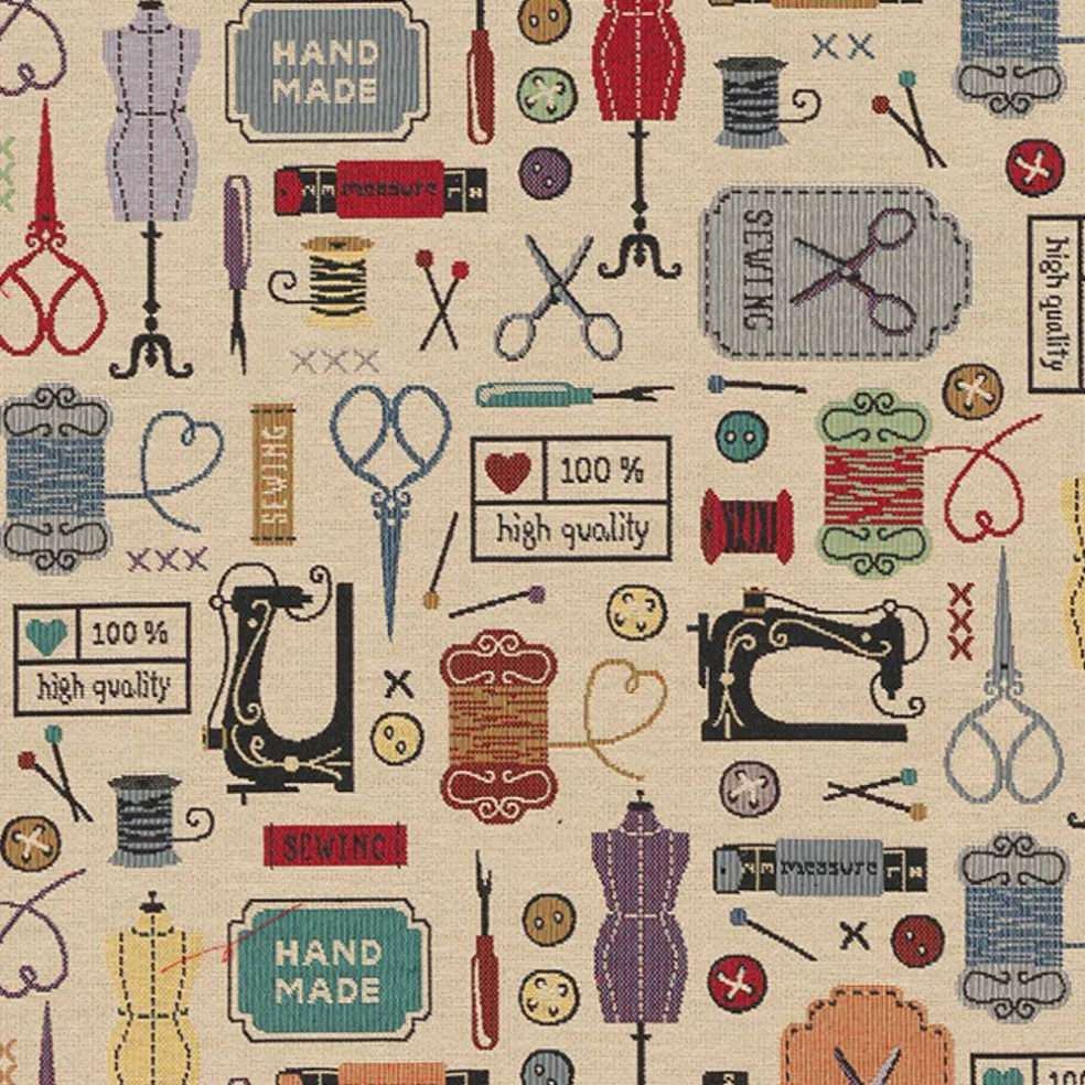 Vintage sewing atelier möbeltyg med vintage sybehör och symaskiner
